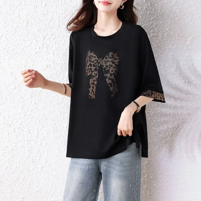 

Fashion Hot Diamond Loose 2025 Autumn New Fashion Simple Short-sleeved T-shirt Casual Versatile Printed Top