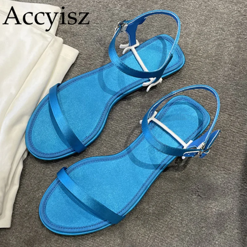 

Summer One Word Band Open Toe Sandals Women's Silk Satin Buckle Strap Flat Sandalias Outdoor Solid Color Comfort Casual Shoes