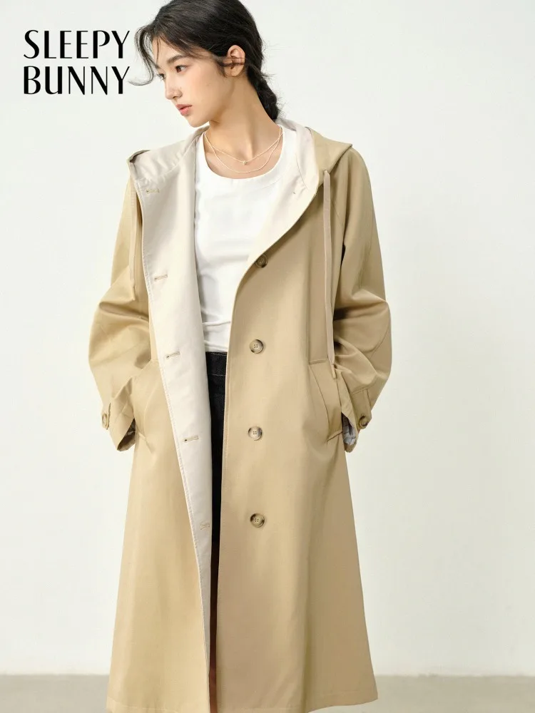 

Khaki Hooded Trench Coat Women Autumn Loose Long Overcoat Elegant Casual Outwear High Waist Slimming Relaxed Fit Jacket Ladies