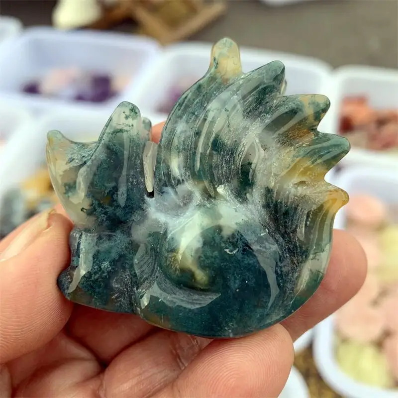 Natural Moss Agate Nine-tailed Fox Carving Polished Powerful Animal Statue For Home Decoration Gift 1pcs