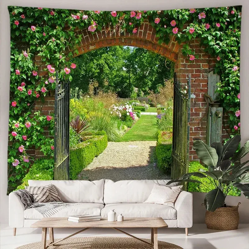 VIKAMA Verona Antique Window Frame Tapestry Floral Landscape Wall Hanging Art Home Garden Outdoor Decor