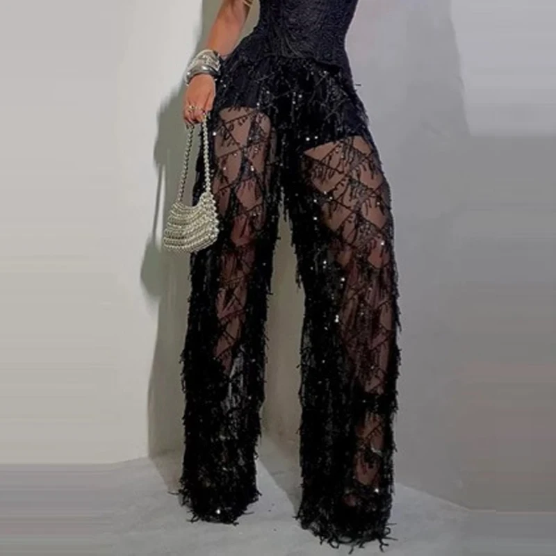 Women Mesh Fringe Flare Pants Drawstring Waist Sheer Diamond Crochet Tassel Wide Leg Trousers Beach Cover Up Party Bottoms Mujer
