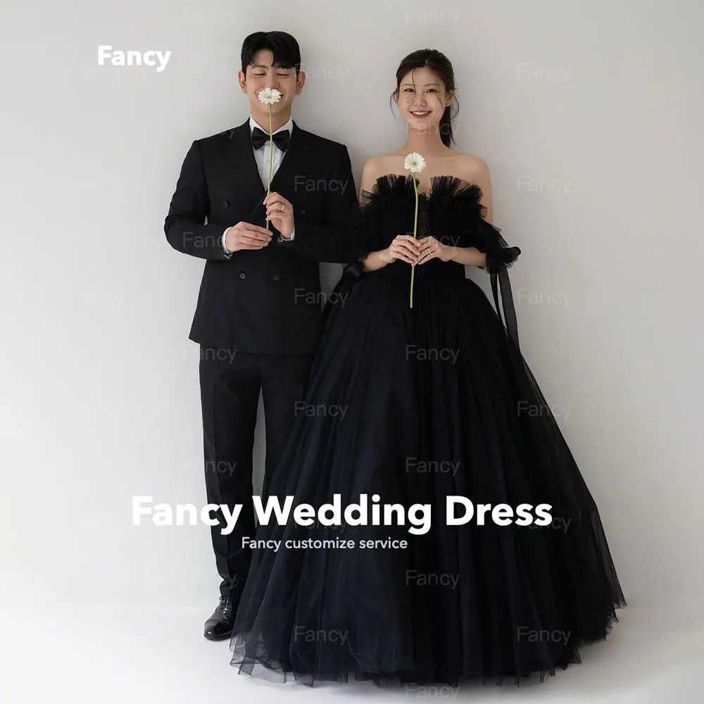 

Fancy Black Tulle Ball Gown Evening Dresses Korea Photo shoot Off Shoulder Puff Corset Princess Wedding Party Gowns Customize