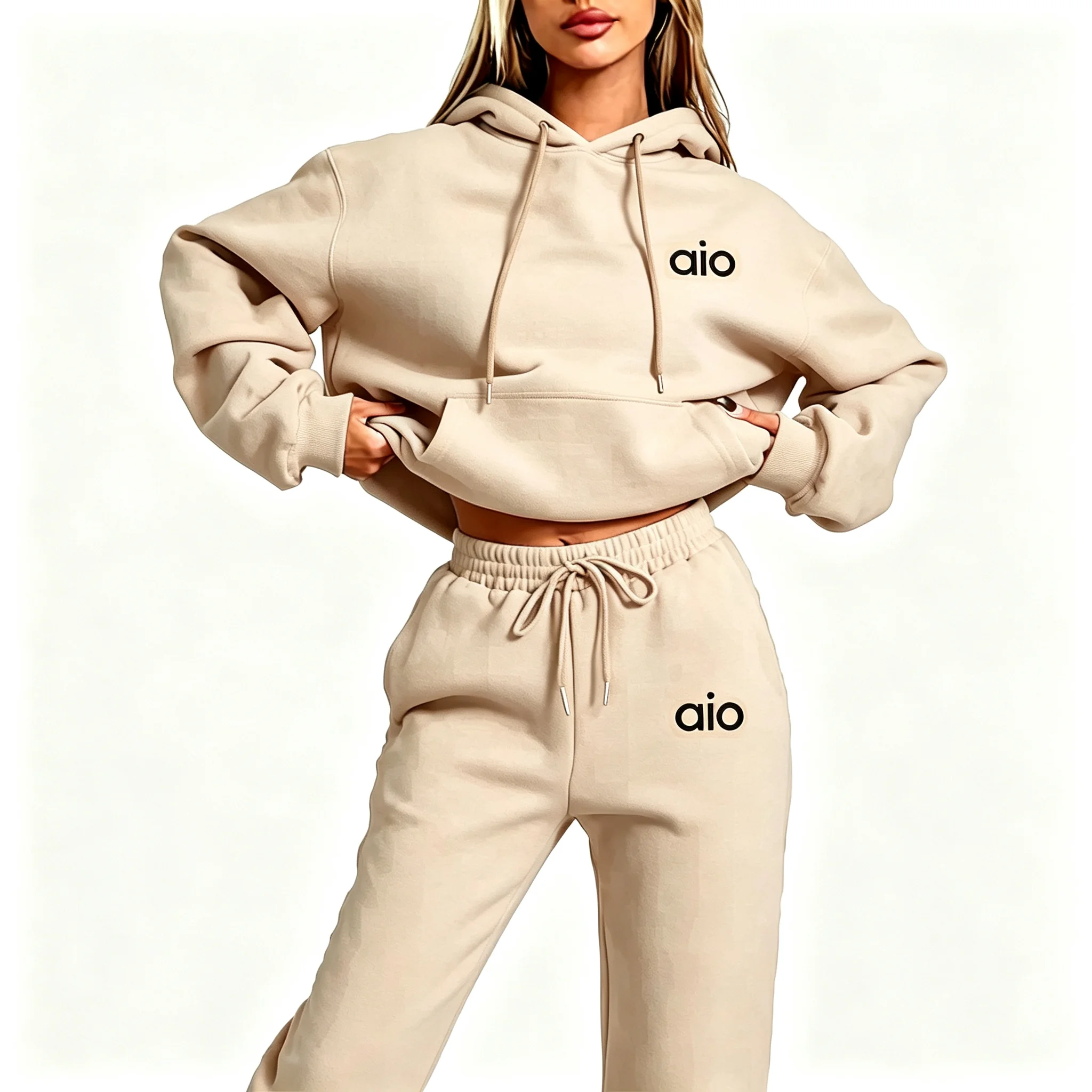 2026 AI-Druck Hochwertiges Damen-Monochrom-Kapuzen-Hoodie-Set Lässiges Zweiteiler-Set Neue Mode Heißer Trainingsanzug mit Jogginghose – Detail 5