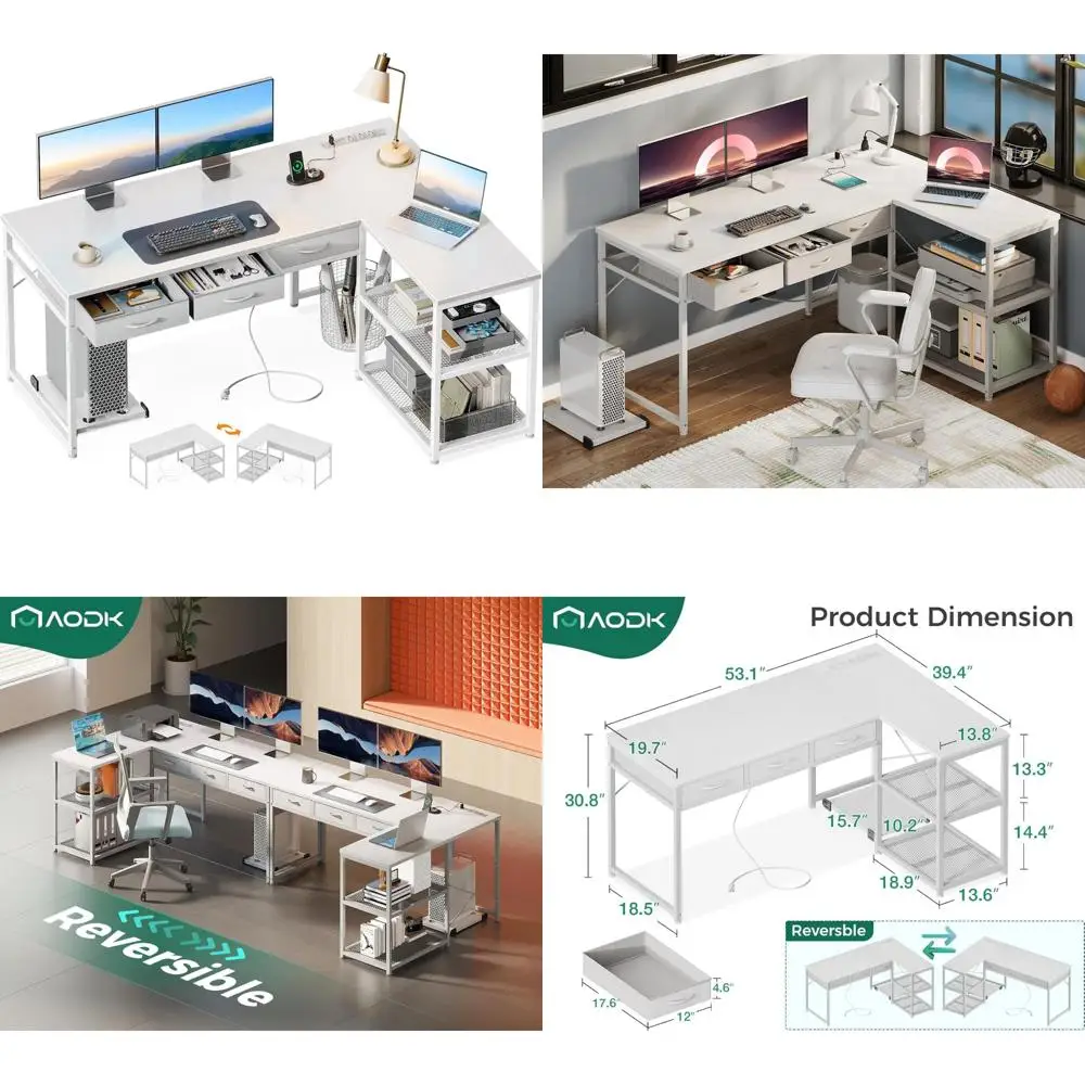

53 Corner Computer Desk with Drawers, Power Outlets, Reversible Shelves & Movable CPU Stand