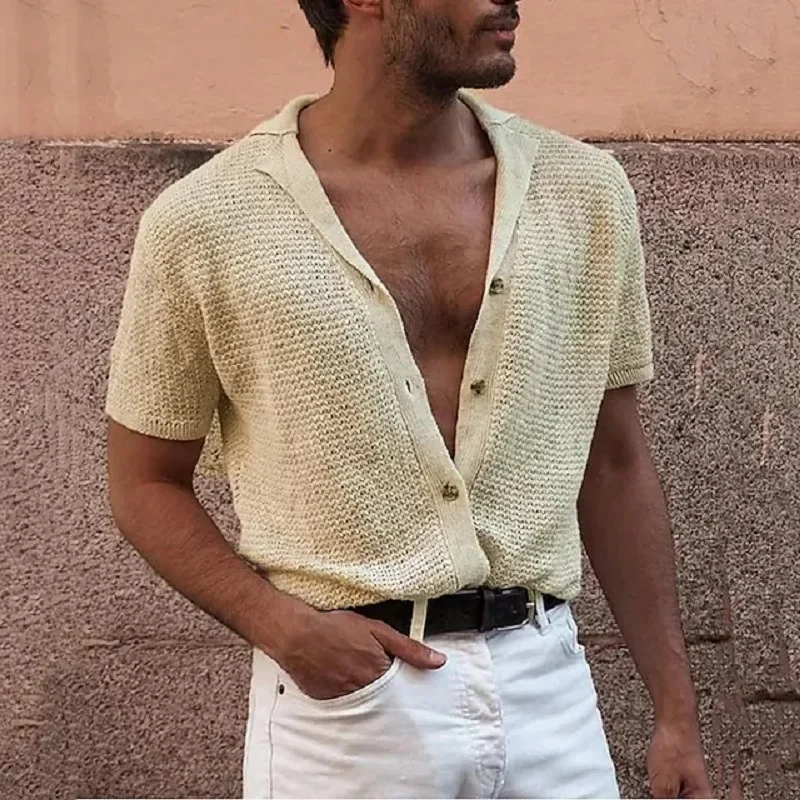 Europe America Fashion Mens Casual Short Sleeve Tops Summer Knit Cardigan Single-breasted Menswear Lapel Sweaters Men Clothing