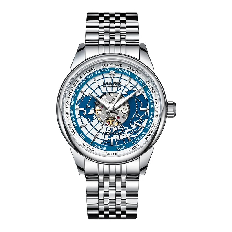 MARK FAIRWHALE Fashion Skeleton Men Mechanical Watch World Map Design Automatic Mechanical Movement Metal Case Male Wristwatch