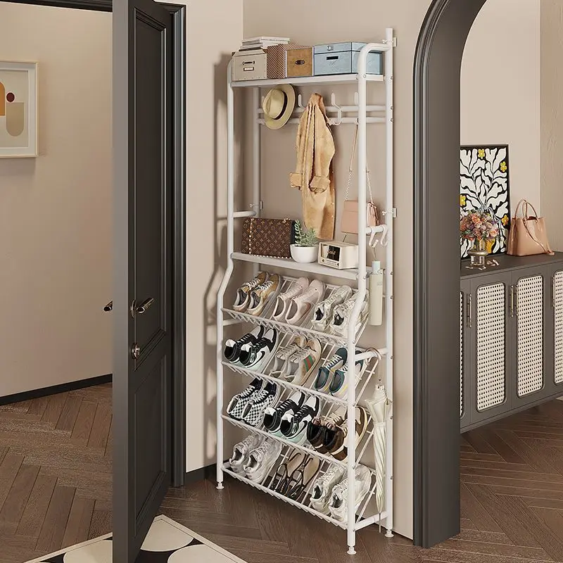 Multi Layer All Metal Entry Door Shoe Rack With Coat Hanger Thin Storage Hat Rack For Home Entrance