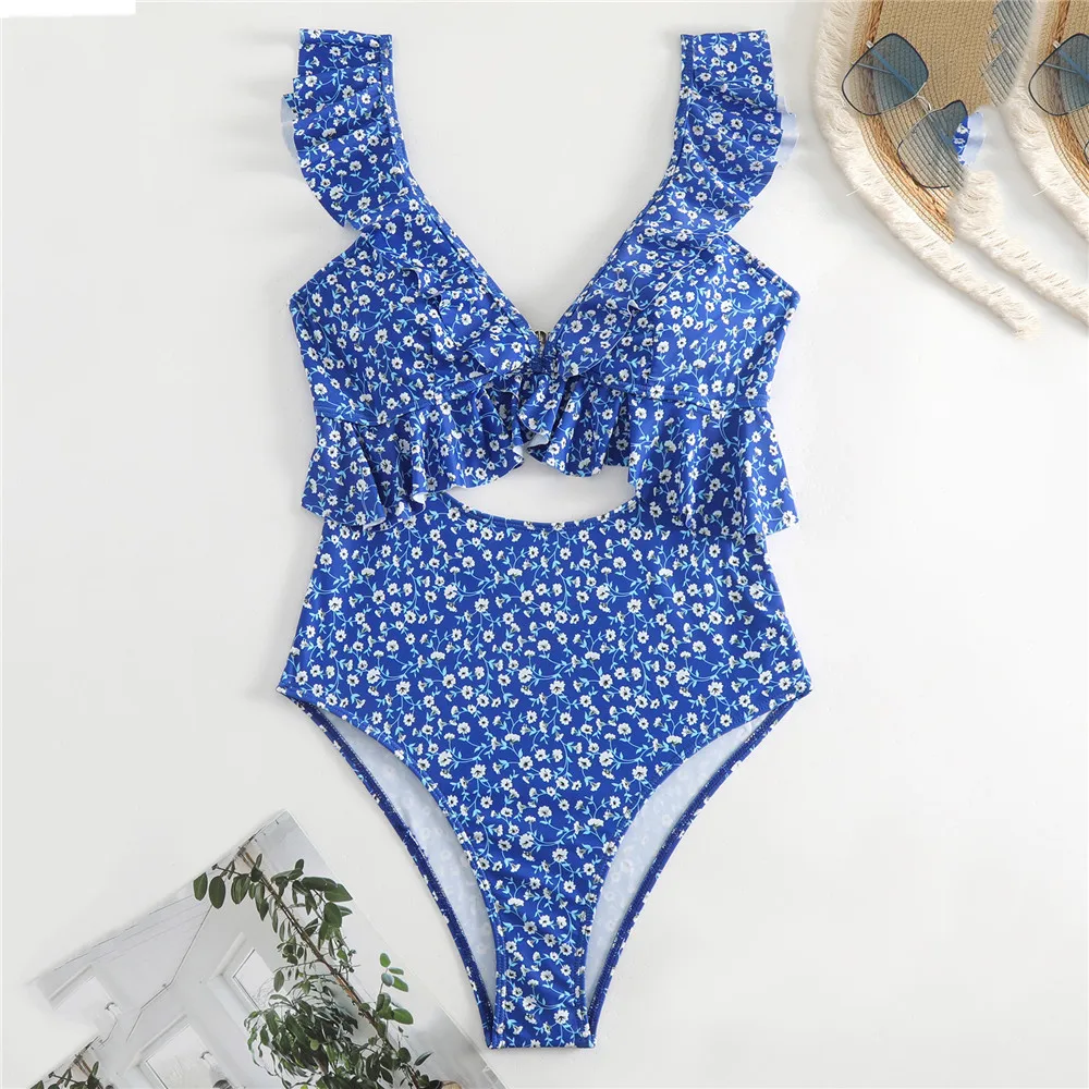 الأزرق الأزهار طباعة تكدرت ملابس السباحة مثير عارية الذراعين ملابس السباحة النساء قطعة واحدة ارتداءها 2026 الجوف خارج Monokini السباحة ثوب السباحة