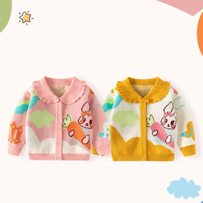 Spring Autumn Little Girls Sweater Cartoon Rabbit Carrot Color Blocked Baby Girls Knitwear Lace Collar Children Girls Cardigan