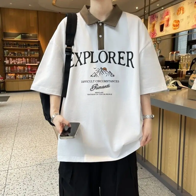 

Contrasting Colors Vintage T-shirts Summer American Patchwork Men's Clothing Lapel Young Style Letter Printed Loose Polo Shirts