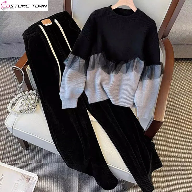 

Women's Set 2024 Autumn/Winter New Slim Fit Fashion Age Reducing Knitted Sweater Wide Leg Pants Two Piece Set Trendy