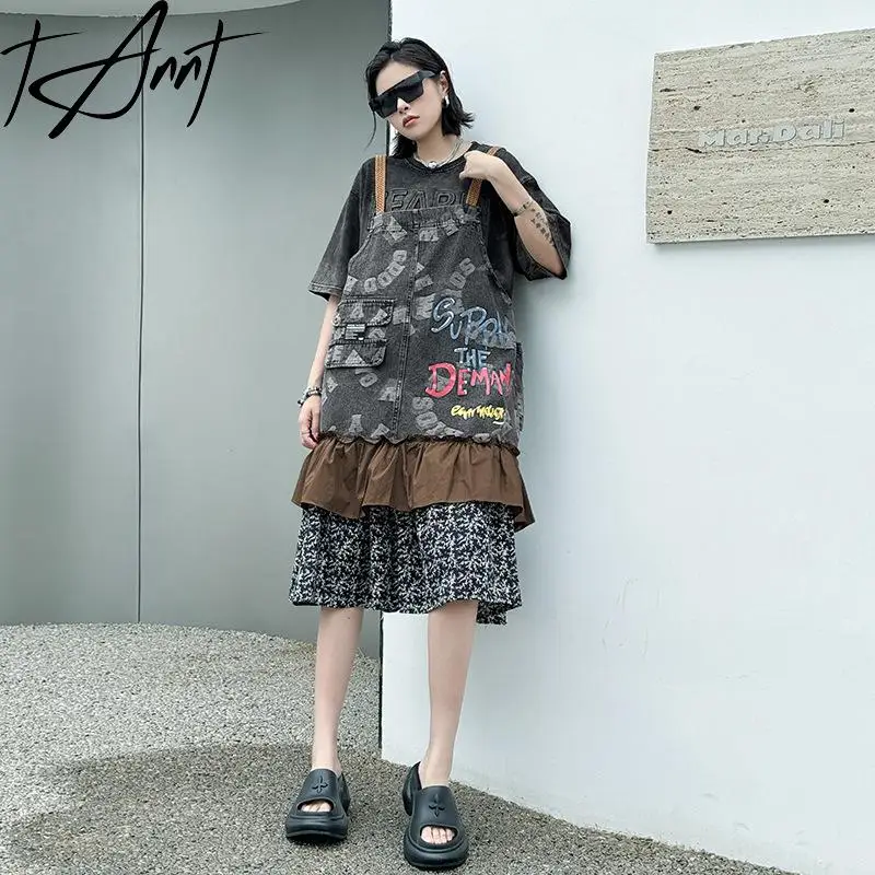 

Tannt Women Dress Irregular Sleeveless Printing Spaghetti Strap Dresses Asymmetrical Color Matching Denim Dresses For Women 2025