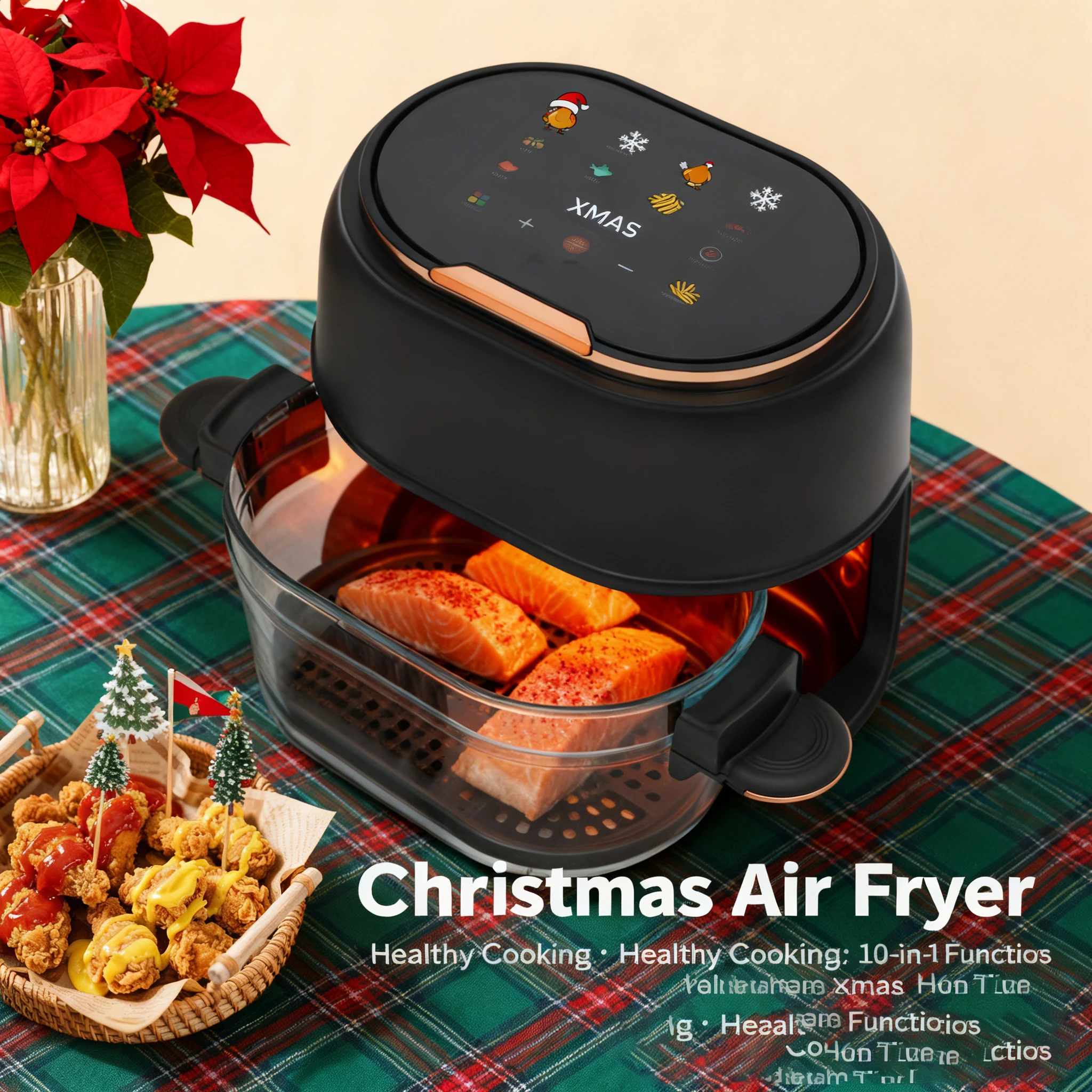 

900W 4L White/Black Tabletop Visible Baking Basket Hot Air Fryer W/ Touch Screen For Office Workers, Kitchen Novices, Christmas