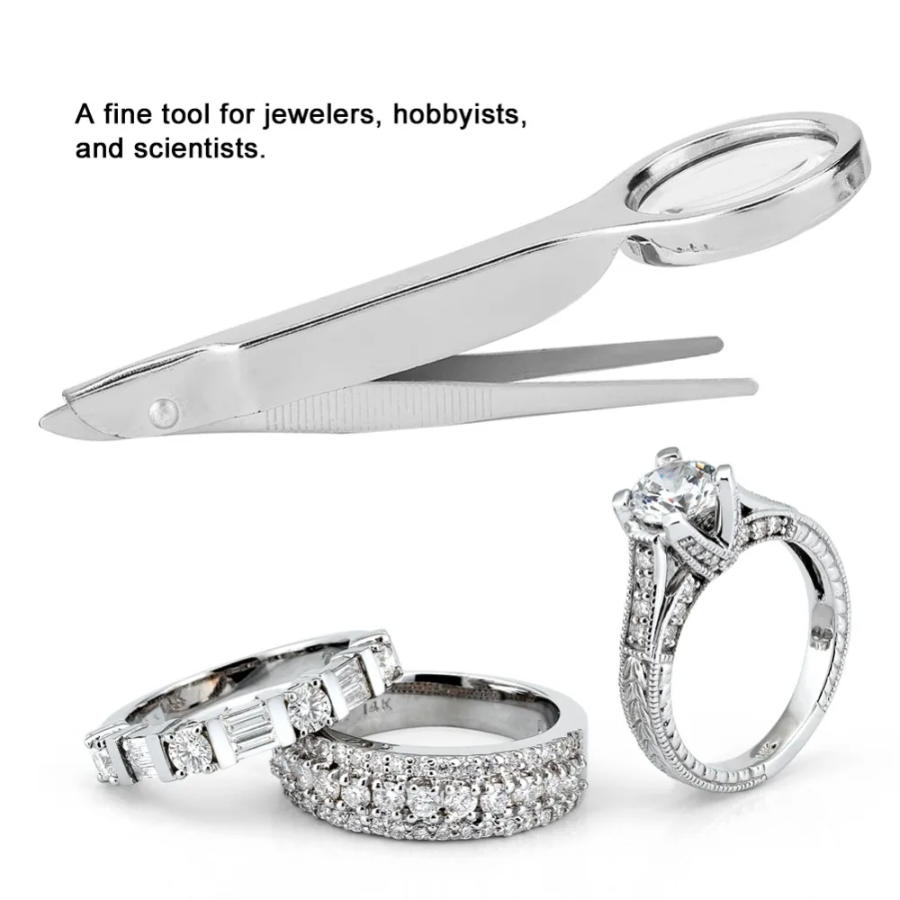 Metal Magnifying Glass Tweezer Silver 97 * 30 * 10mm Pocket Magnifier Stainless Steel Tweezer for 10X for Eyebrow Repair