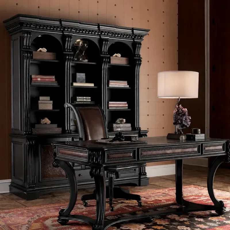 Retro Solid Wood Bookcase Neoclassical Carved Oak Black Decorative Display Cabinet for Porcelain Storage Vintage Furniture