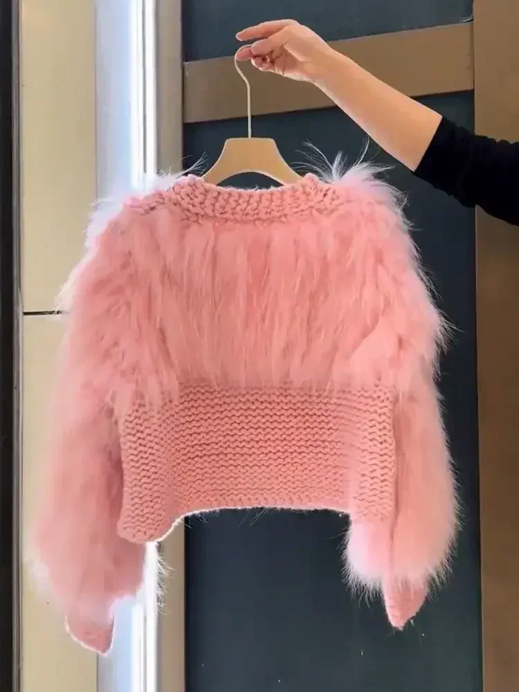 Gagarich Women Fashion Sweater Loose Beautiful Pink Sweet Knitted Splicing Imitation Mink Fur New 2025 Hot Cardigan Fur Top