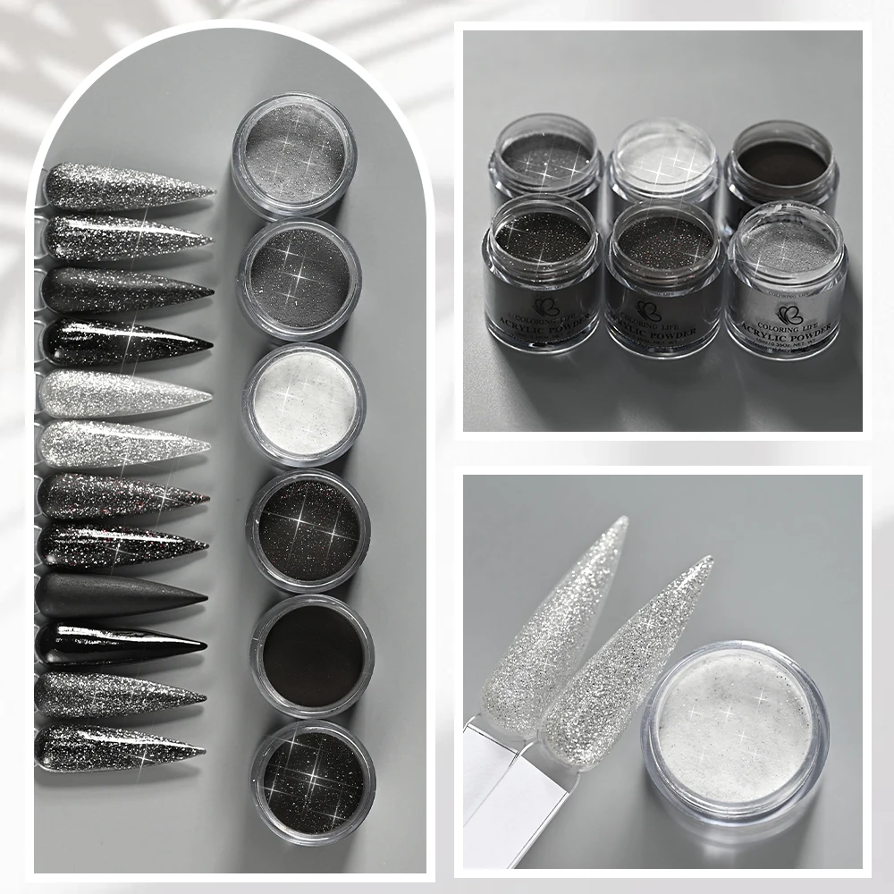 6 زجاجة غمس مسحوق الاكريليك مسحوق تراجع مسحوق الأظافر مجموعة أسود + أبيض بريق بوليمر لتمديد الأظافر غمس الحنين الصباغ