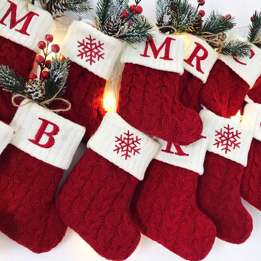 1pc Red Christmas Socks Snowflake Letters Christmas Knitting Stocking Pendant For Xmas Tree Home Fireplace Decor New Year Gifts