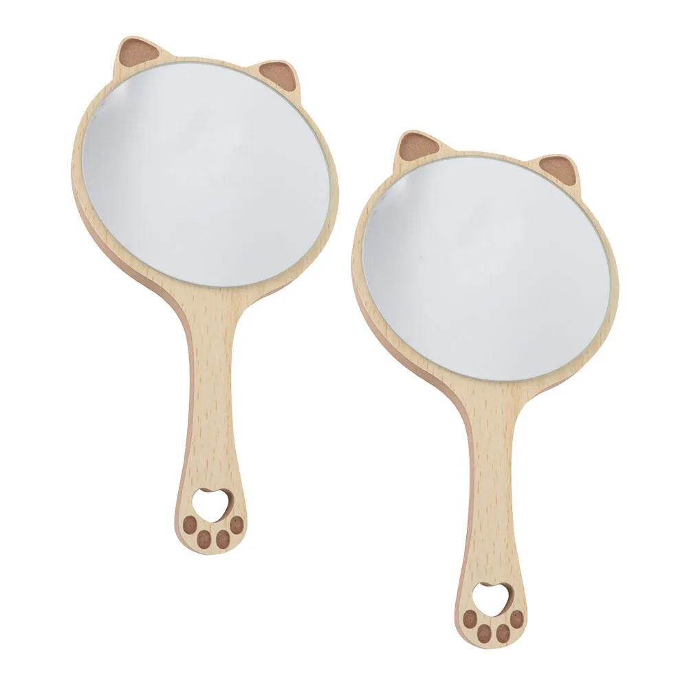 Espejos de viaje de mano con diseño de orejas de gato, mango de madera, alta calidad, creativo, resistente al desgaste, duradero, 2 uds.
