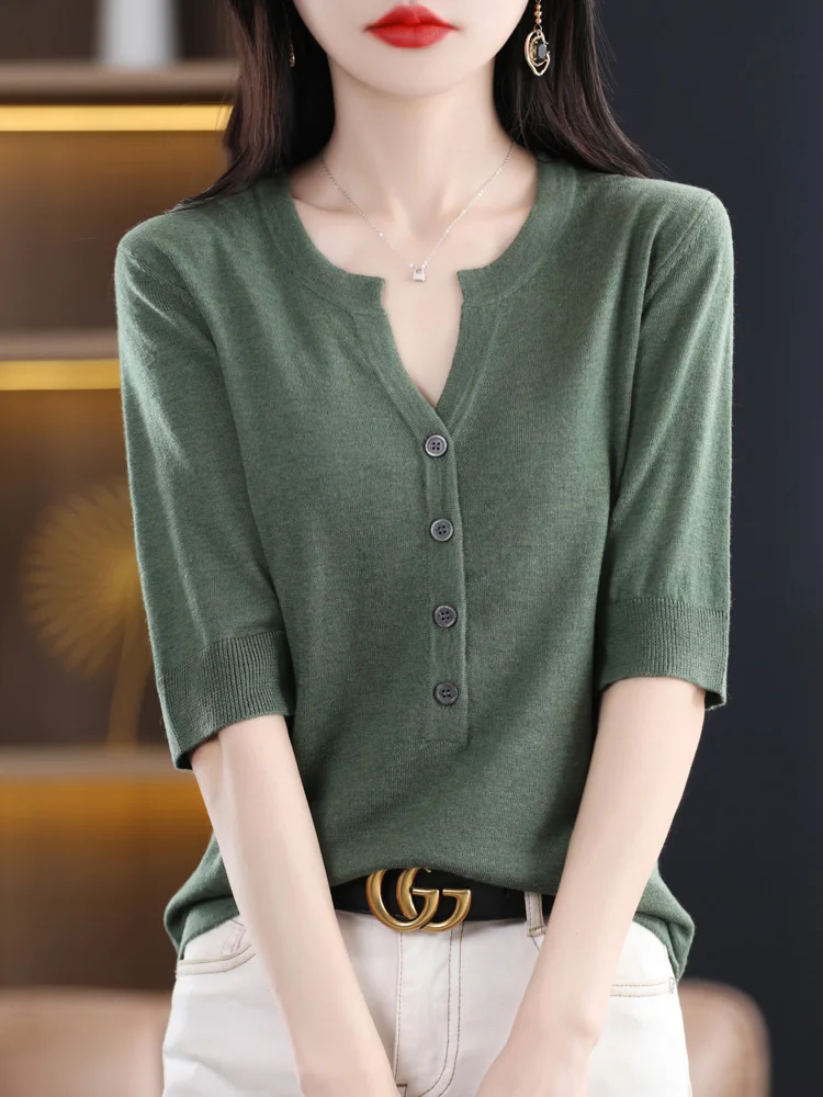 

Soft Wind V-Ne Трикотажная женская футболка весна-лето тонкая свободная посадка топ модный универсальный базовый цвет