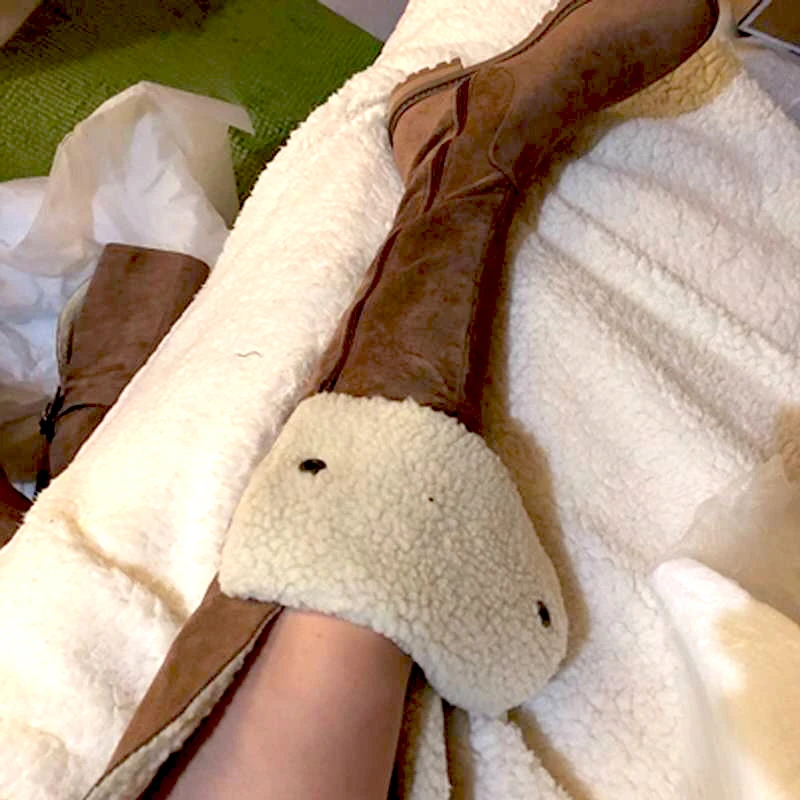 

Зимние шерстяные сапоги выше колена с плюшевым мехом, женские верблюжьи черные замшевые кожаные теплые меховые сапоги с круглым носком на плоской подошве, зимние сапоги