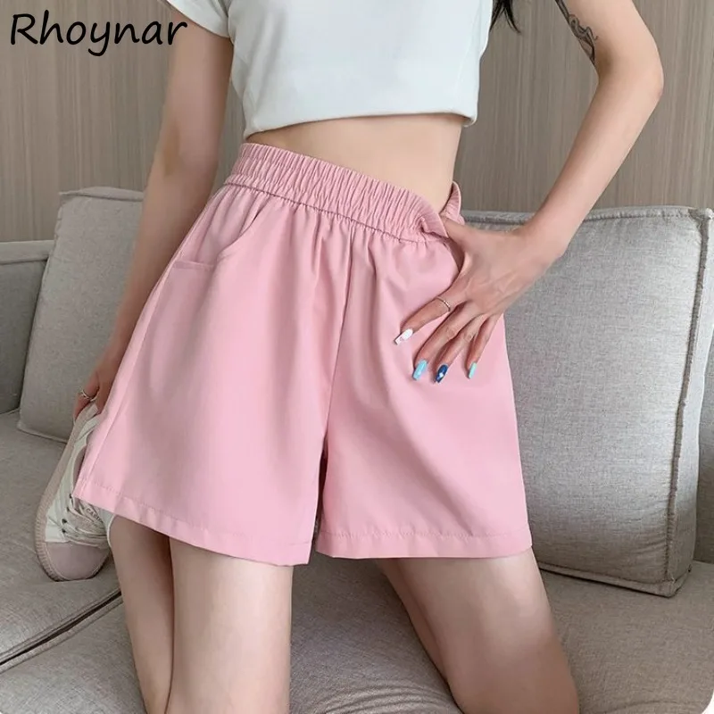 Elastic Waist Shorts Women Korean Fashion Solid Simple Baggy Casual All-match Comfortable Thin Wide Leg Trendy Students Summer