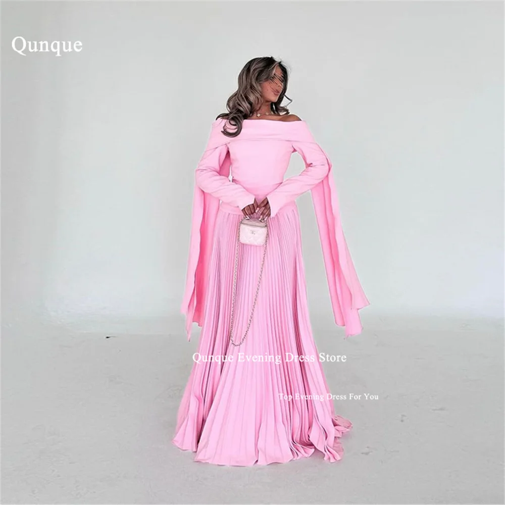 Qunque Pink Satin Evening Dresses Girls Pleat Off Shoulder Sleeves Customized Party Evening With Cape Prom Gown Robe De Soirée