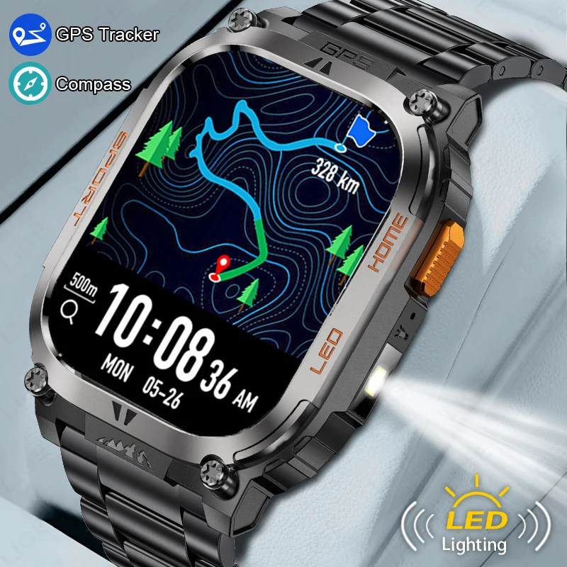 

LIGE New GPS Tracker Smart Watch LED Flashlight 1.96'' HD Screen Compass BT Call Waterproof Sport Men Smartwatch For Android iOS