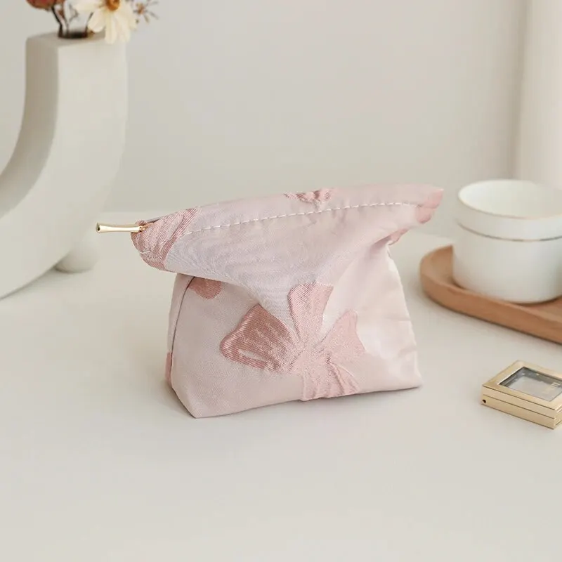 Borsa per il trucco da donna piccola borsa per il trucco del rossetto di grande capacità con fiocco rosa portamonete portatile pochette per