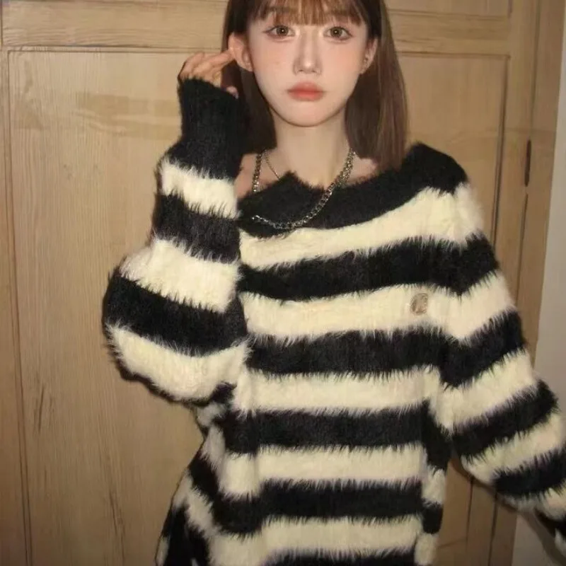 Gestreepte truien voor dames Ins lente herfst off-shoulder sexy kleding losse zachte mode Koreaanse stijl casual all-match O-hals