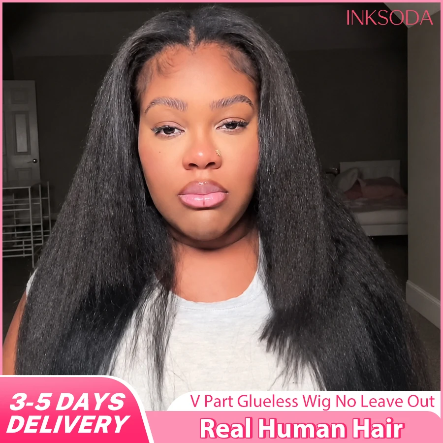 Promotional sale Brazilian Yaki Straight Upgrade Machine V Shape No Leave Out Wear And Go Clip Machine Wig 16-38 Inch V Part Wigs Kinky Straight Human Hair Wig No Leave Out V Part Machine Brazilian Full Machine Made Wigs 180-220% Density Wear And Go