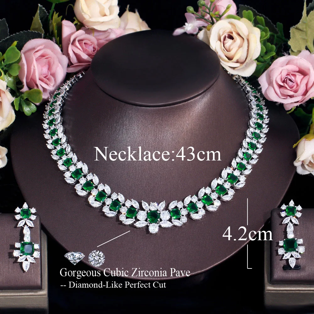 CWWZircons Luxurious Elegant Green Cubic Zirconia Big Women Wedding Event Costume Necklace Earrings Jewelry Sets for Brides T716