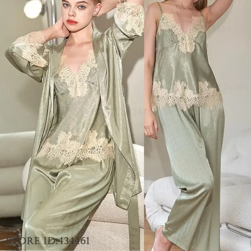 Primavera Autunno Nuovo Femminile 3PCS Pigiama Set Indumenti Da Notte Sexy Accappatoio di Pizzo Pigiama Vestito Allentato Casual Indumenti Da Letto In Raso Vestiti Per La Casa