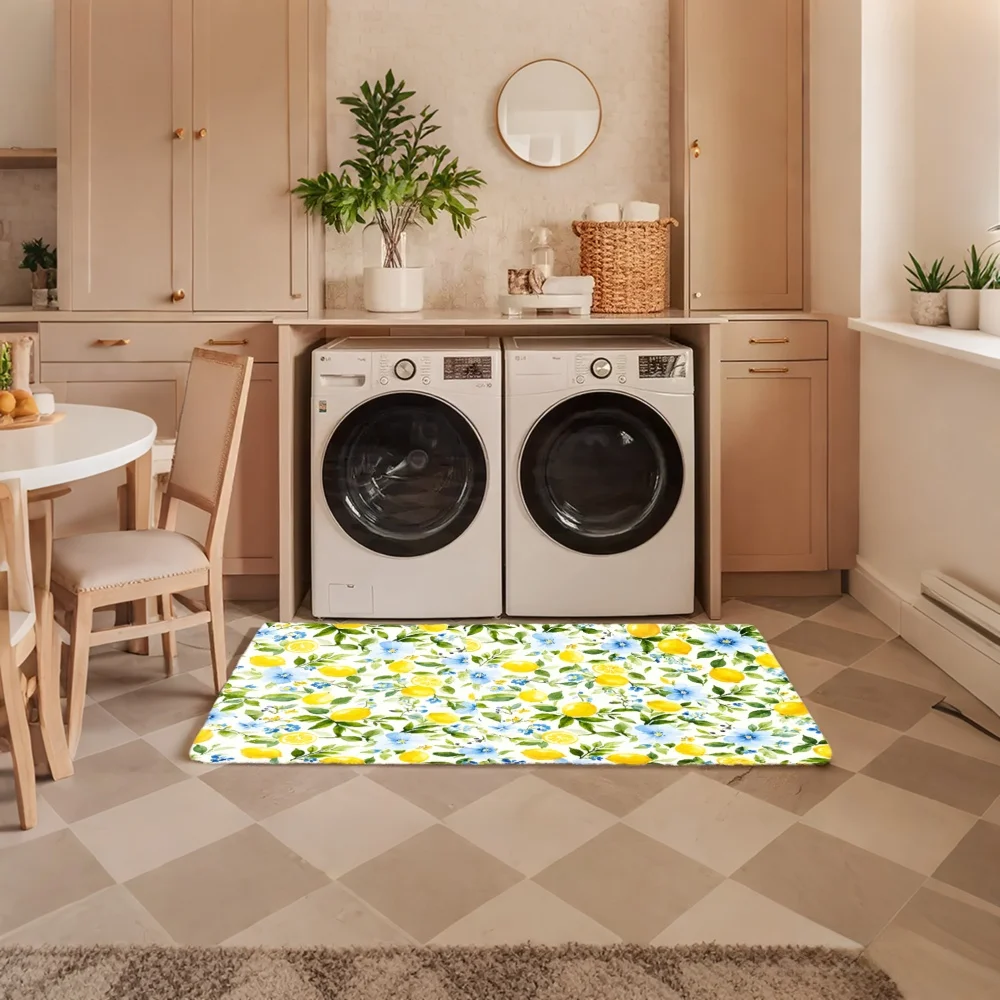 3PCS Mat Set,  Home Decoration for Front Door, Kitchen,  Yellow Blue Flower Pattern Print On Green Background Kitchen Rug.