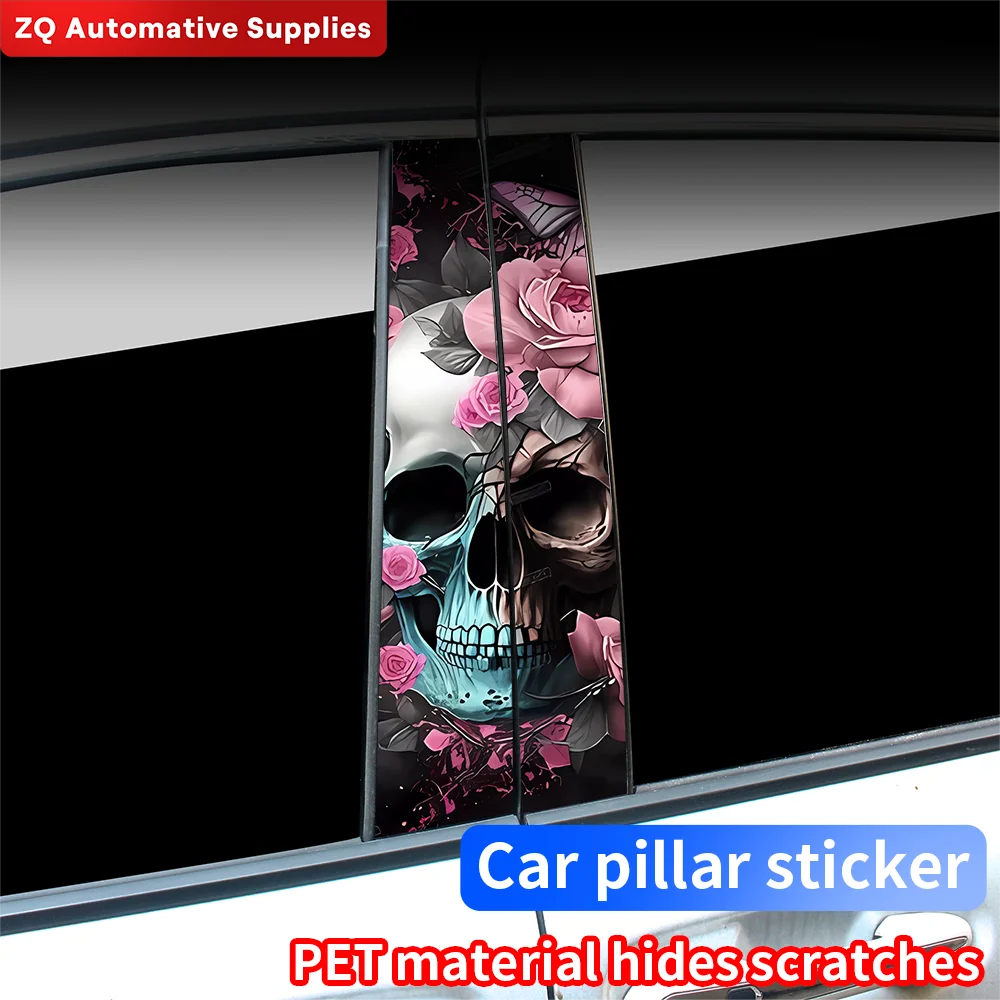 Skull and Rose Car Stickers Auto B Pillar Waterproof Decor Cover Scratches Sunscreen Car Doors Pillar Vinyl Decals Accessories