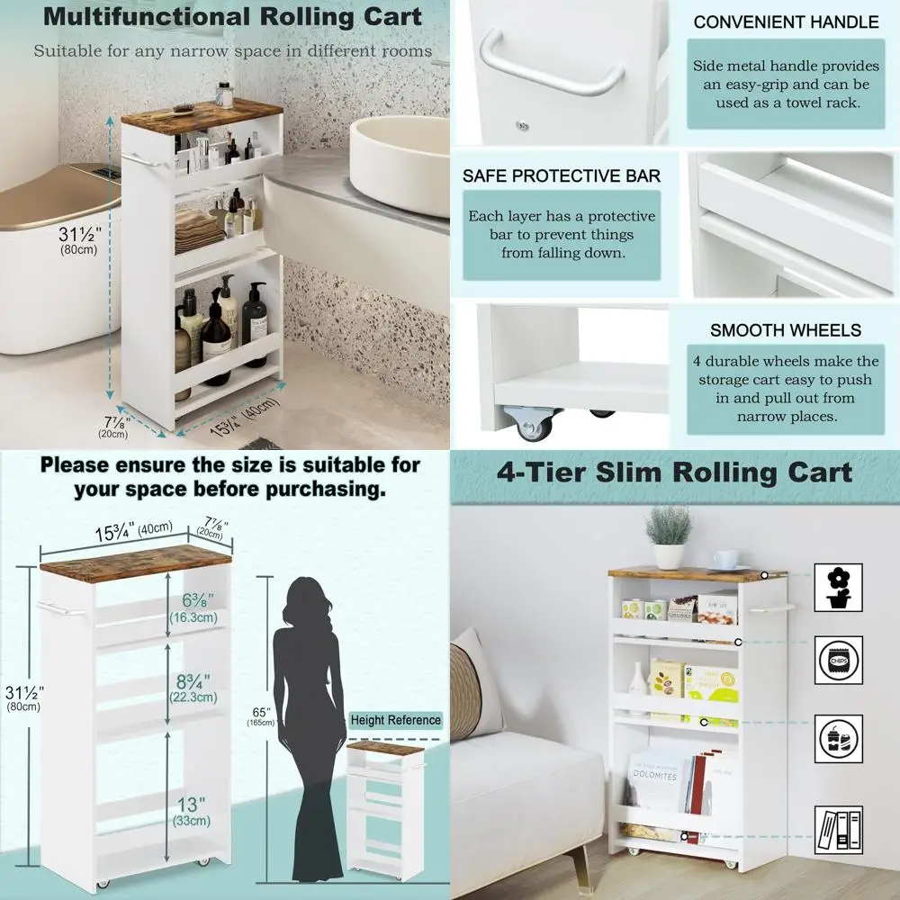 

4-Tier Slim Rolling Storage Cart with Handle, Mobile Utility Cart for Kitchen, Bathroom, and Laundry Room Organization in White