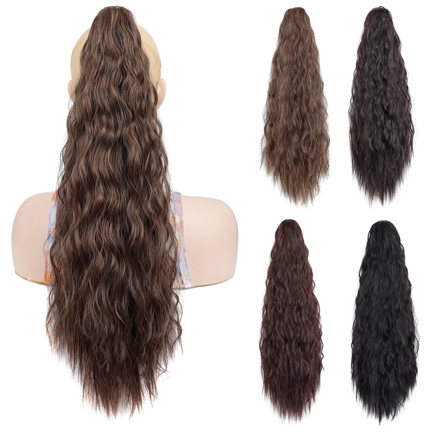 女性用合成ポニーテール ウォーターウェーブ ロング クロークリップ ポニーテール ハイライト ブラウンカラー ヘアエクステンション 24 インチ M006