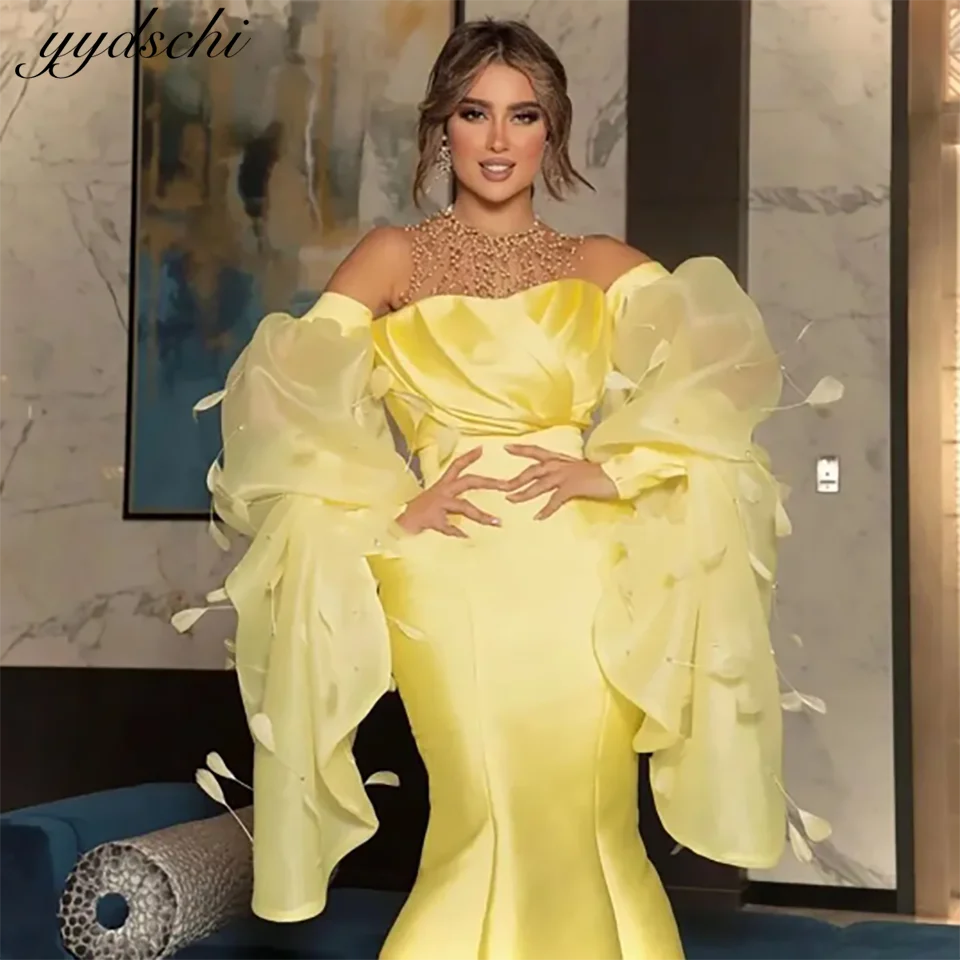 Customized Elegant Yellow Beaded Puff Sleeves Mermaid Wedding Dress 2024 Lace Up Backless Sweep Train Bridal Gown For Women