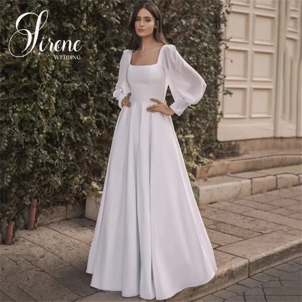 Sirene-Robes de mariée en satin à col carré simple, manches longues en mousseline de soie, quelle que soit la longueur au sol, robe trapèze dos nu, robe éducative