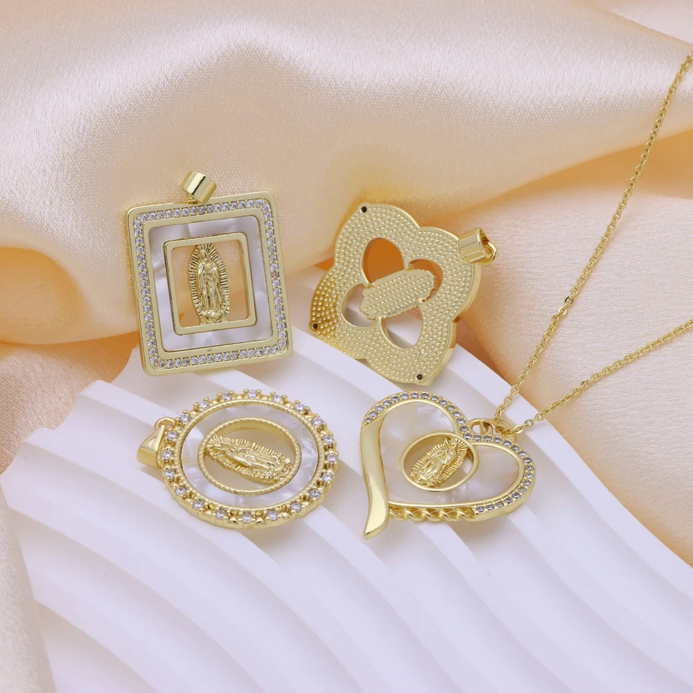 5 pcs/lot Heart Square Virgin Mary Pendant Necklace Gold Plated Brass with CZ & Shell Vintage Retro Jewelry Gift for Women