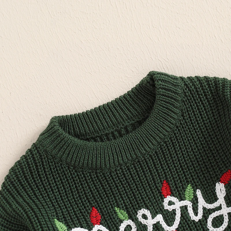 Toddler Baby Girls Boys Christmas Letter Embroidery Sweaters Long Sleeve Crew Neck Winter Warm Knitwear Pullover Jumpers Top