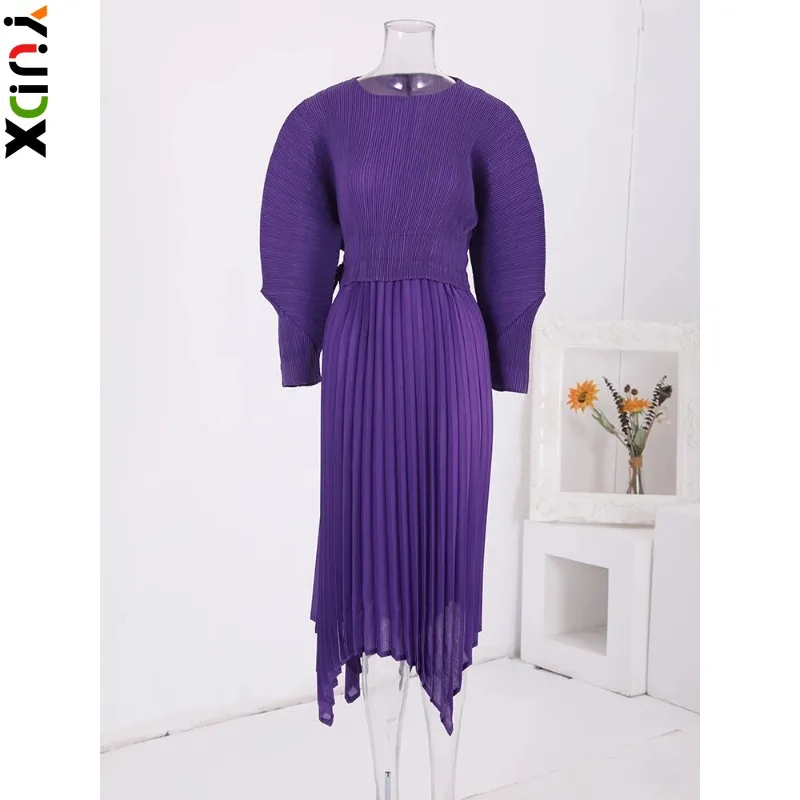 

YUDX Miyake 2024 Spring New Pleated Dress Women Solid Color Bandage Gathered Waist Irregular Dresses Elegant Party Clothing