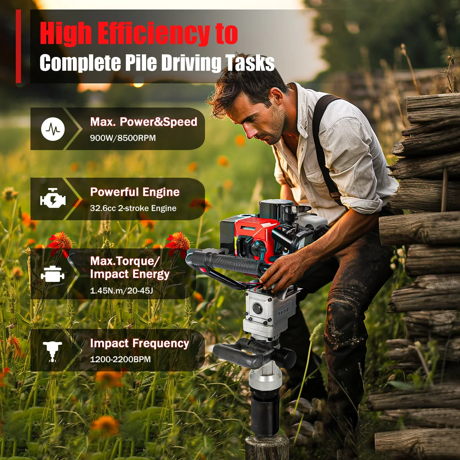 آلة خوازيق 32.6CC الثقيلة 2 السكتة الدماغية محرك كومة سائق الغاز T آخر المطرقة مزرعة سياج حديقة أداة