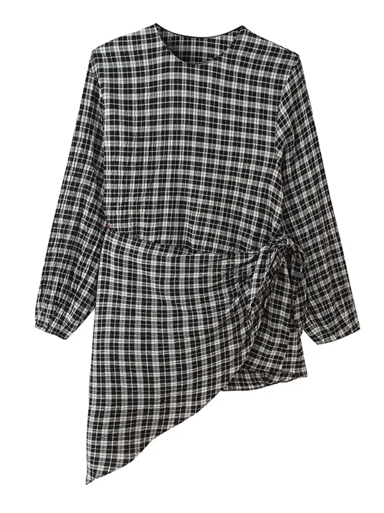 Retro Boog Lace Up Geruit Shirt Vrouwen Casual Ronde Hals Lange Mouw Losse Blouse Dame 2025, Herfst Dagelijks Pendelen Uitloper Nieuw