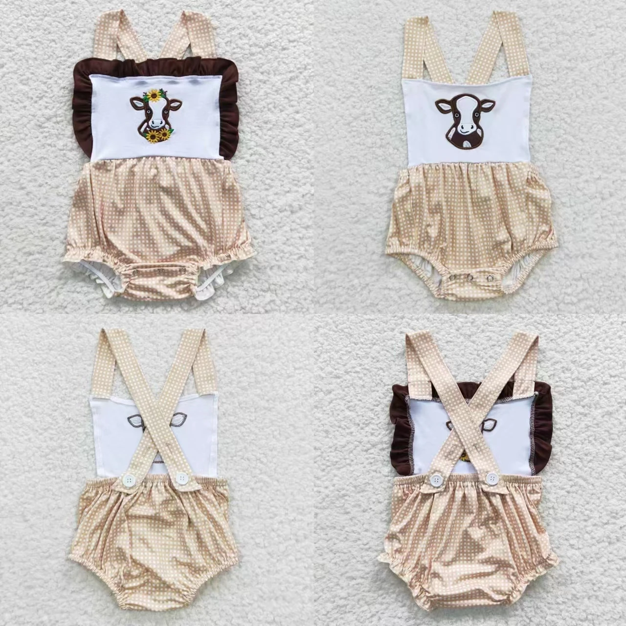 

Wholesale Summer Newborn Bubble Romper Embroidery Cow Toddler Jumpsuit Kid Children Matching Boy Girl Plaid Suspender One-piece