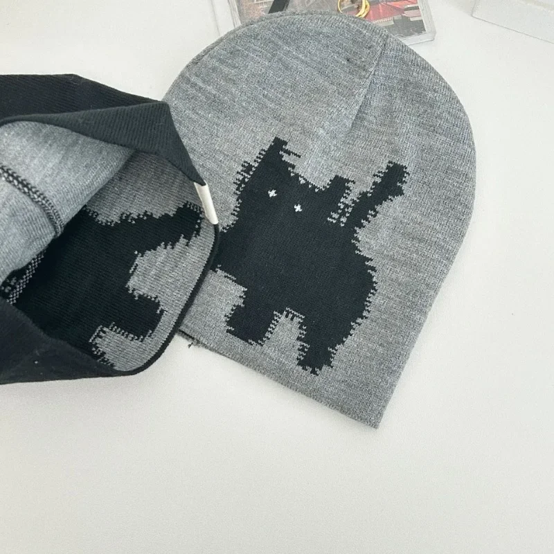 Korean Simple Cat Jacquard Knitted Beanies Cap Autumn Winter Warm Casual Versatile Retro Pullover Cold Hats for Men and Women