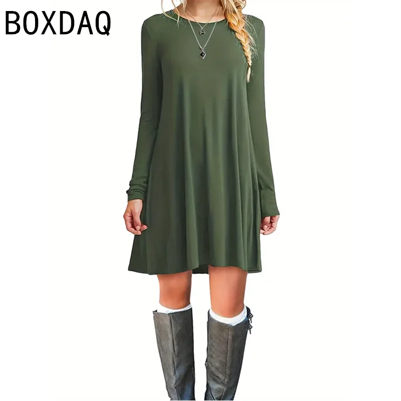 Women Solid Color Casual Dress Autumn Long Sleeve O-Neck A-Line Mini Dress Big Size Female Elegant Beach Dress Vestidos De Mujer