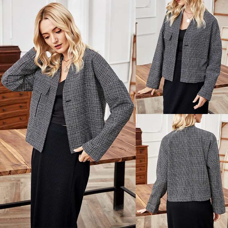 

Женское короткое пальто в корейском стиле, осенняя мода, клетчатый свободный кардиган без воротника с длинными рукавами, топ для повседневной одежды