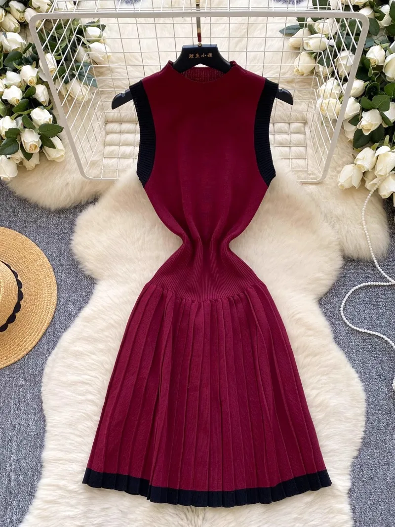 Abito lavorato a maglia senza maniche di alta qualità Abito estivo da donna vintage a vita stretta dimagrante con cuciture a contrasto di colore